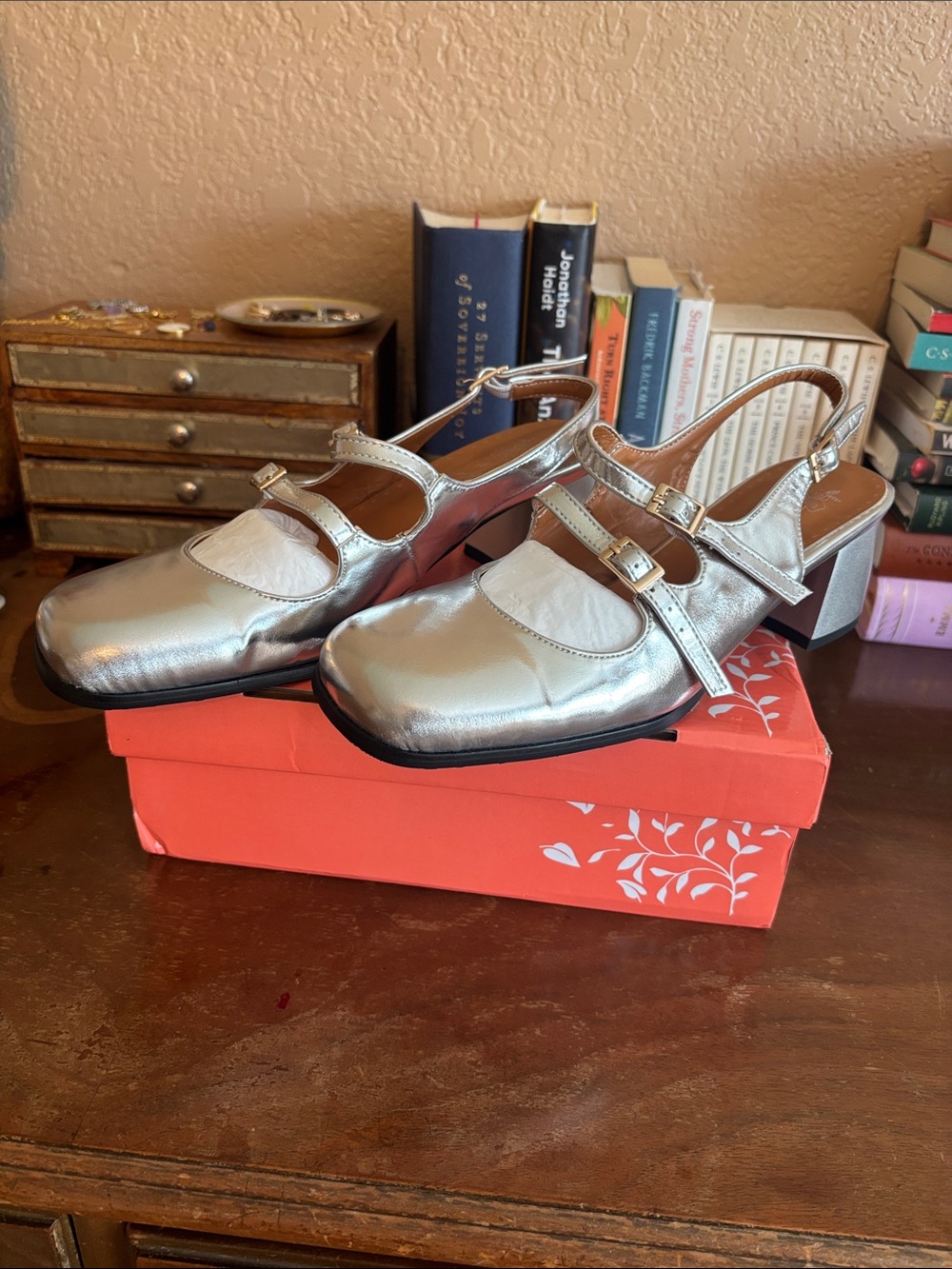 Metallic Silver Mary Jane Slingback Block Heel Mules
